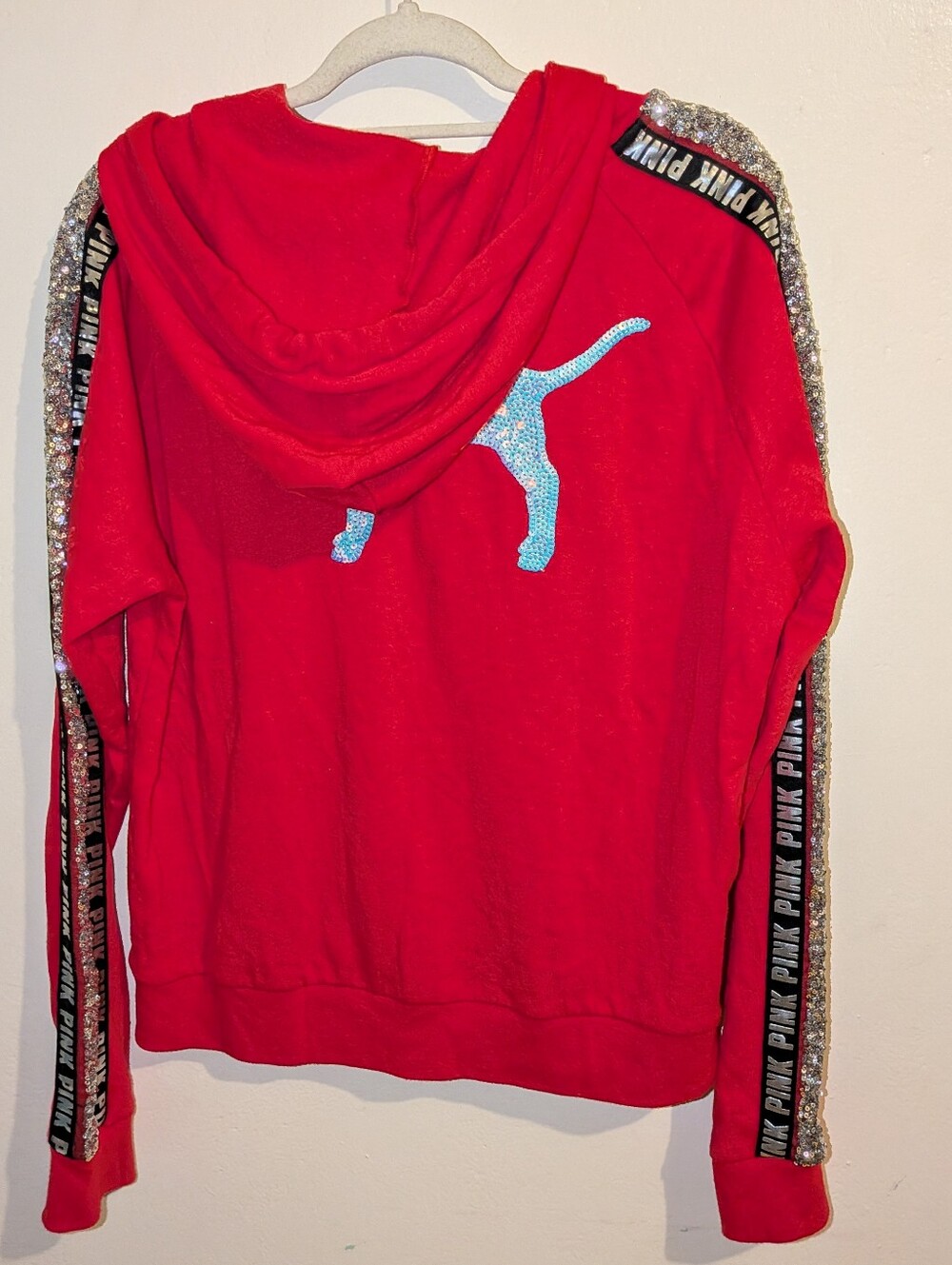 PINK Victoria's Secret Red Sequin-Trim Zip Hoodie with Logo Tape Size L - Picture 2 of 6